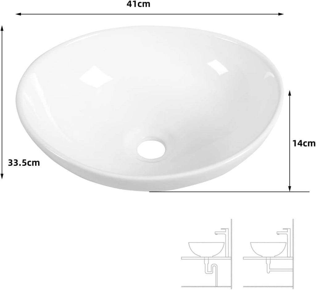 Lavabo rotondo in ceramica, 41 x 33,5 x 14 cm, lavabo per bagno
