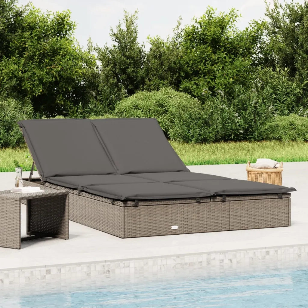 Lettino Prendisole | Sdraio da giardino | Lettino da sole 2 Persone con Cuscini Grigio in Polyrattan
