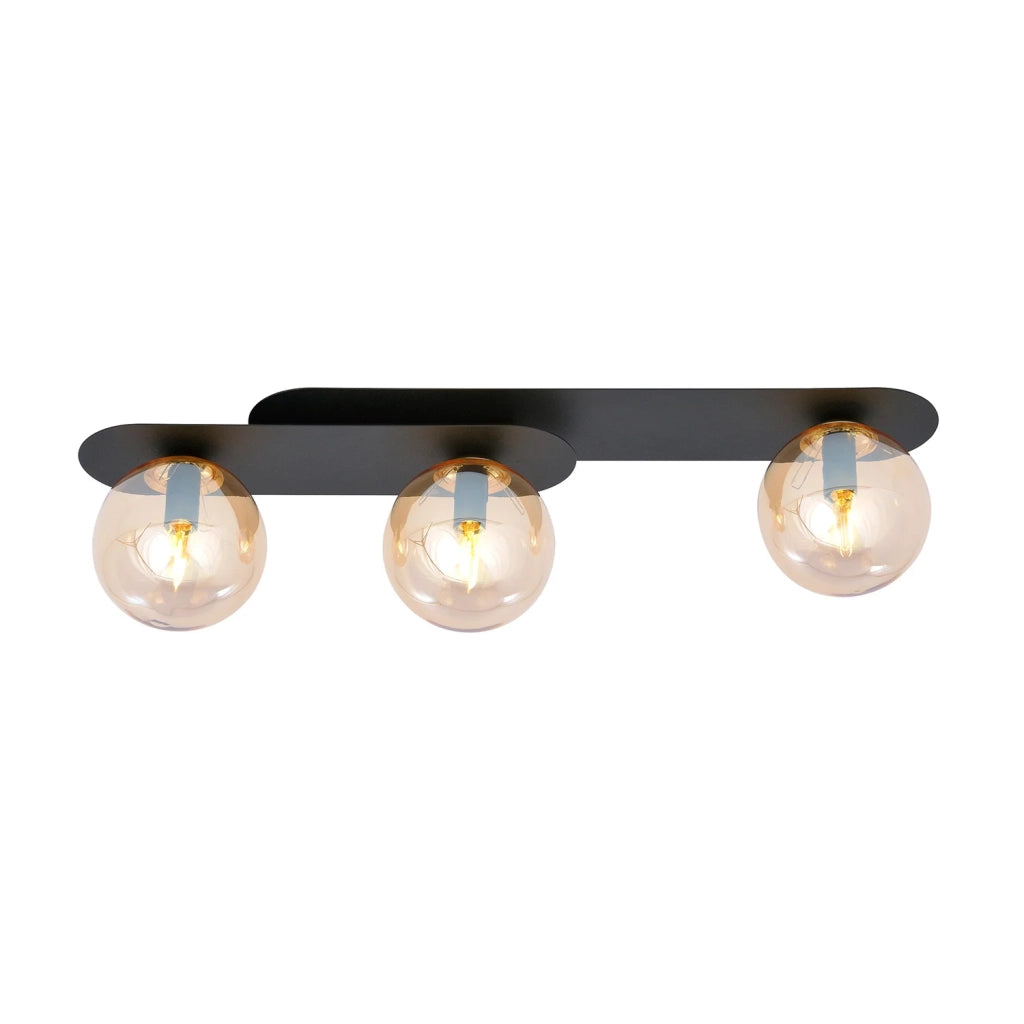 Plafoniera Minimal 3 Luci Teia In Acciaio Nero E Sfere Vetro Ambra