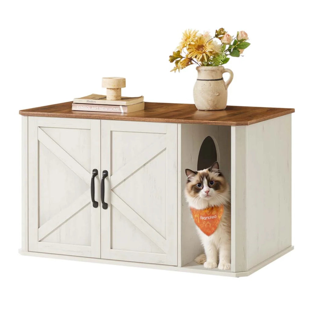 Mobiletto per lettiera per gatti mobile moderno ingresso doppie ante maniglie cuccia per gatti tavolino laterale 85 x 48,5 x 50 cm bianco 12_0006514