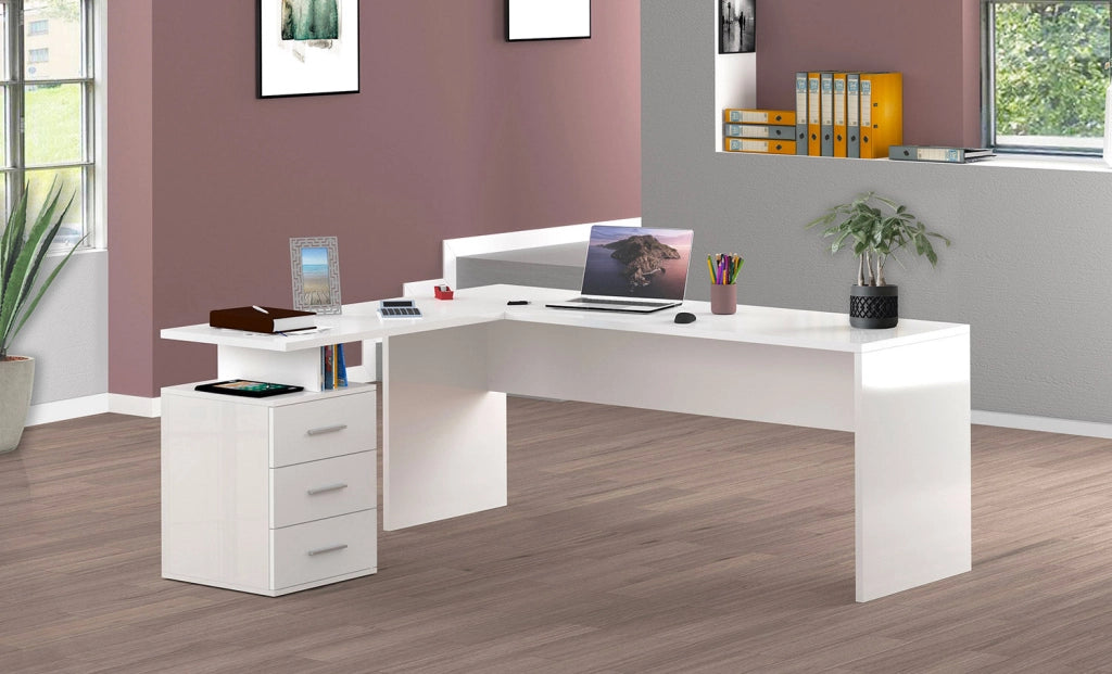 Scrivania Angolare 180/160x60x75cm cm New Selina Bianco Lucido e Ardesia