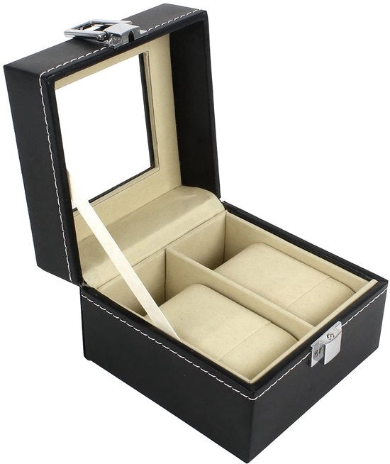 Cassaforte per orologi da 2 pezzi Nero, cassaforte per orologi con coperchio in vetro realizzato in pelle Piccola scatola da gioielli portatile organizzatore per accessori da viaggio