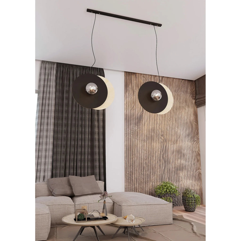 Sospensione Minimal Nordica Brigid 4 Luci In Acciaio Nero E Legno Vetro Fumè