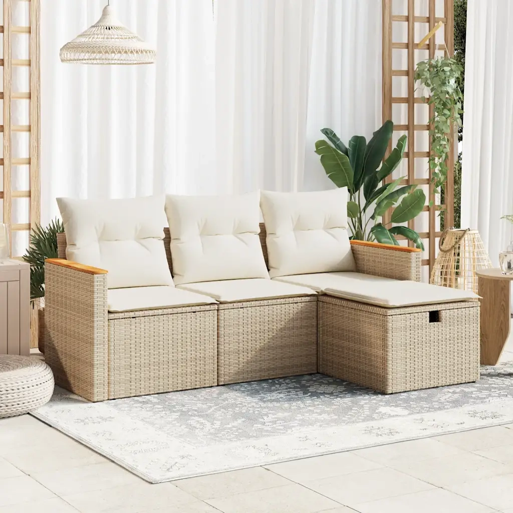 Set Divano da Giardino 4 pz | Set Salotto da Giardino con Cuscini Beige in Polyrattan