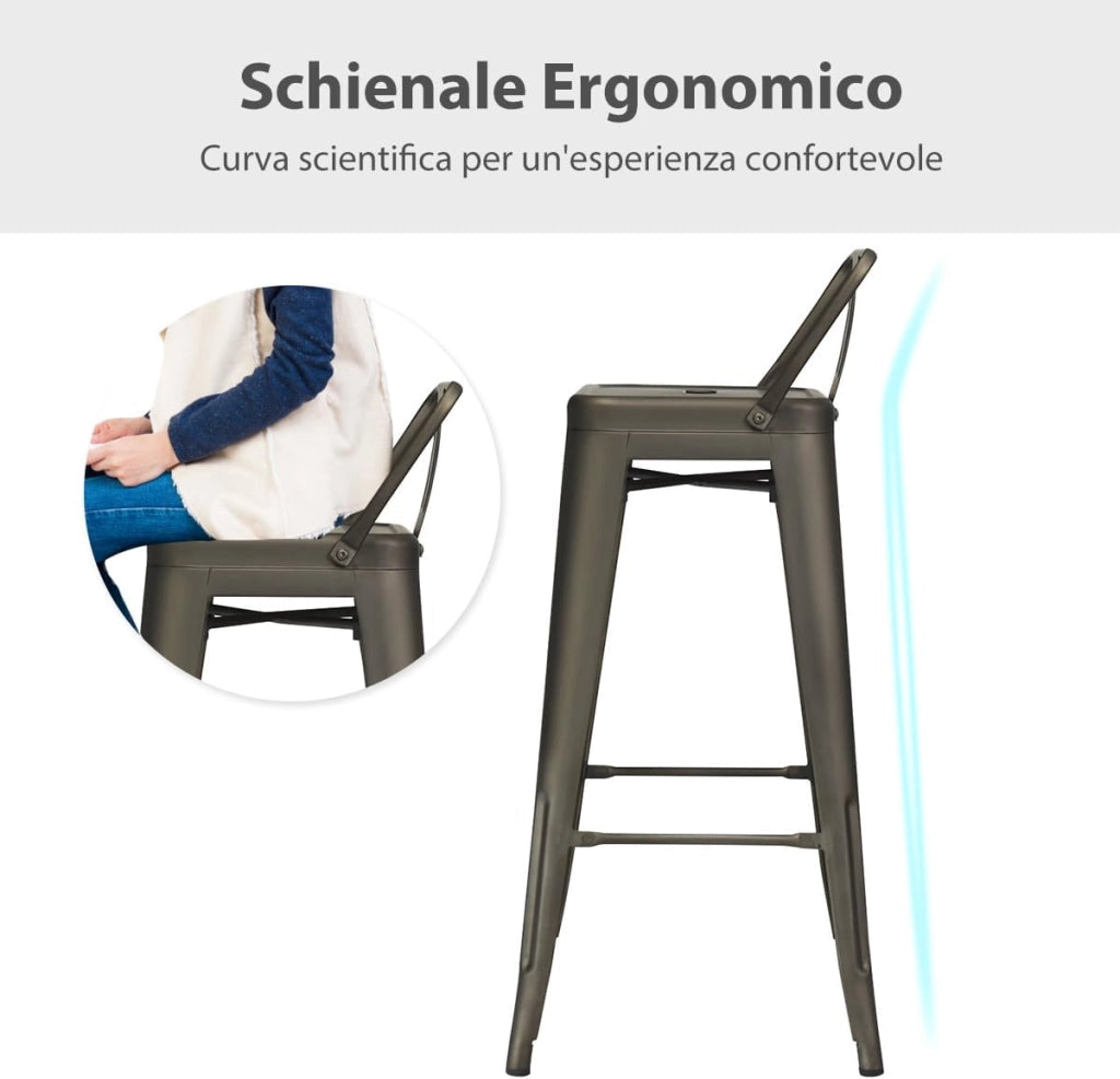 Set di 4 Sgabelli da Bar con Schienale da 94 cm, Sgabelli in Metallo Impilabili con Poggiapiedi per Cucina, Sala da Pranzo e Bar (Marrone)