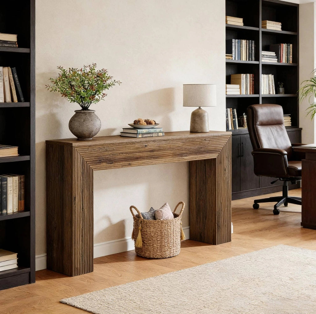 Tavolo consolle 160x30 cm in MDF marrone con elementi scanalati