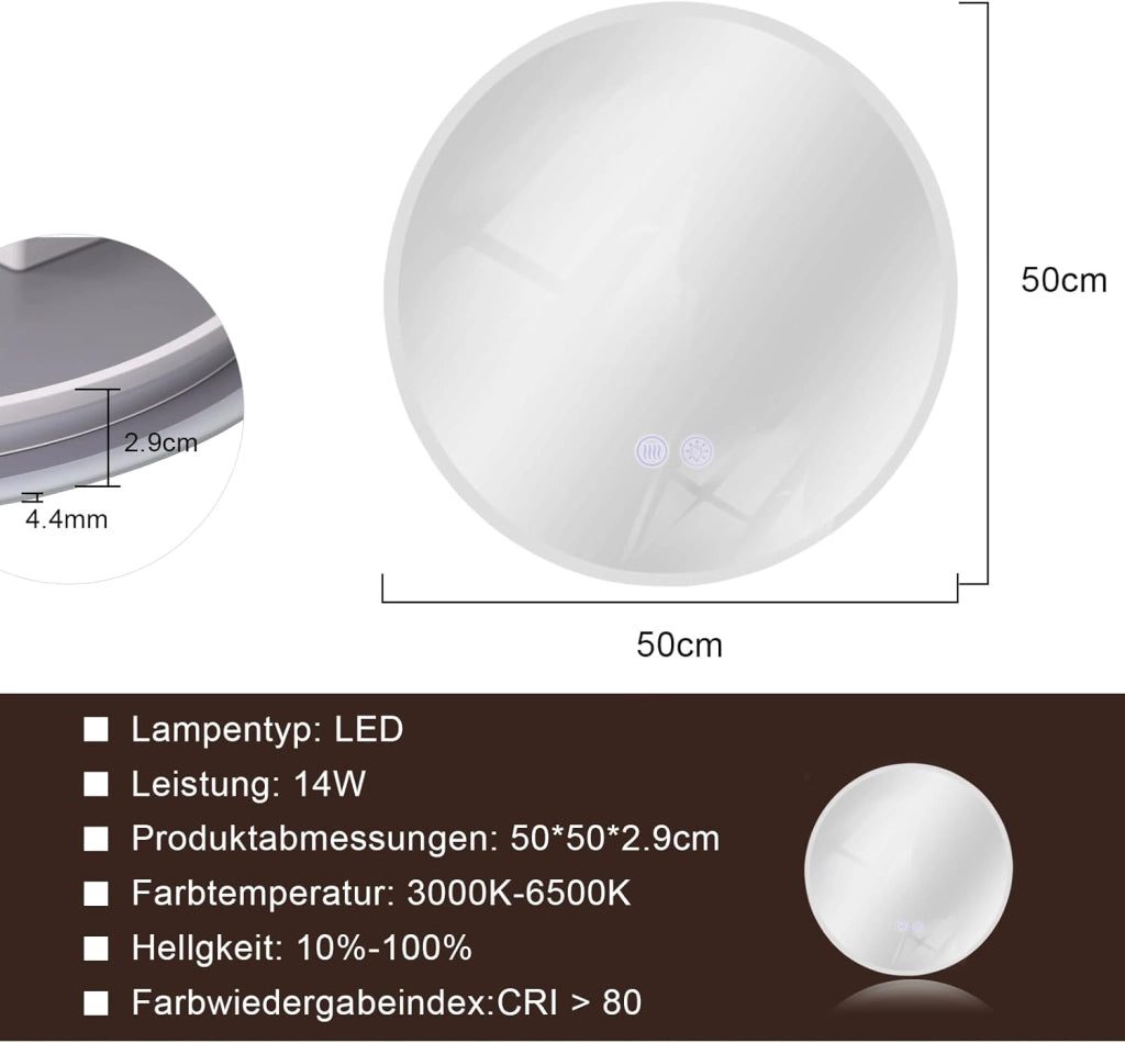 ZMH Specchio da Bagno Illuminato con Regolazione d'Intensità e Interruttore Touch