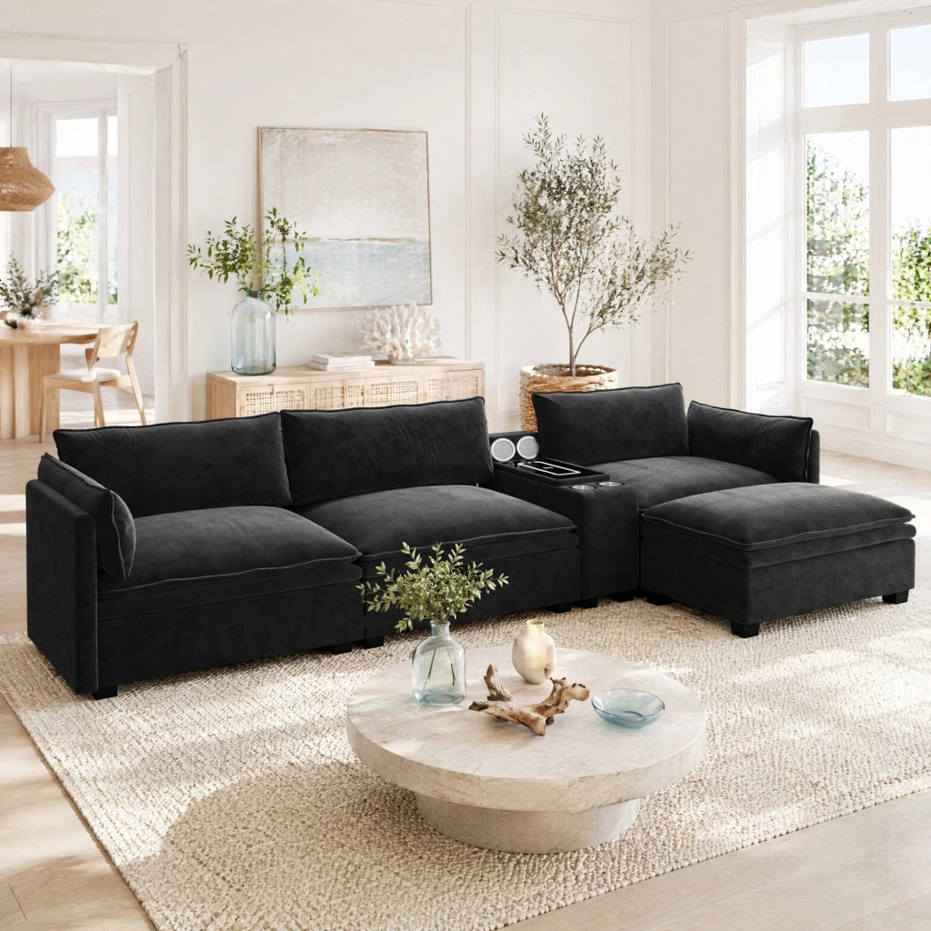 Divano modulare 4 posti con ricarica wireless, luce, altoparlanti e contenitore, Chenille Nero