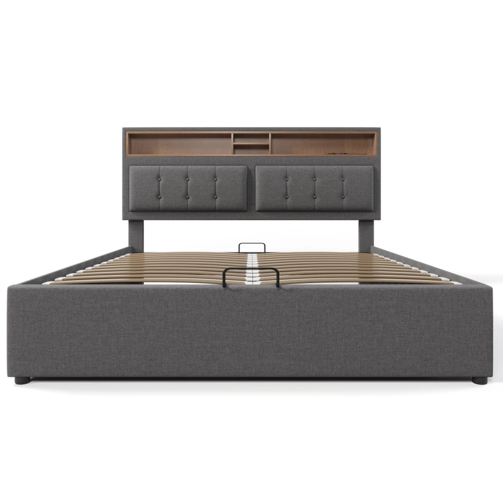 Letto matrimoniale imbottito 160x200 cm con materasso, testiera regolabile, prese USB/Type-C e contenitore