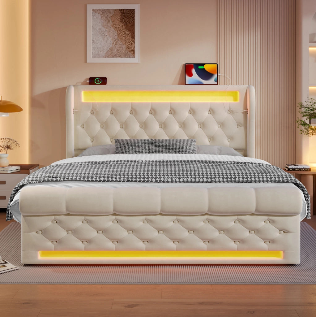 Letto matrimoniale imbottito 140x190 cm con LED; contenitore idraulico; USB e Type-C; beige