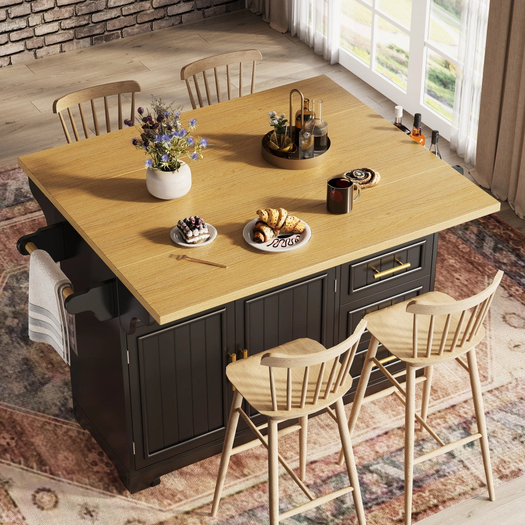 Isola da cucina 120x40(80)x95 cm con piani ribaltabili e ruote in MDF nera