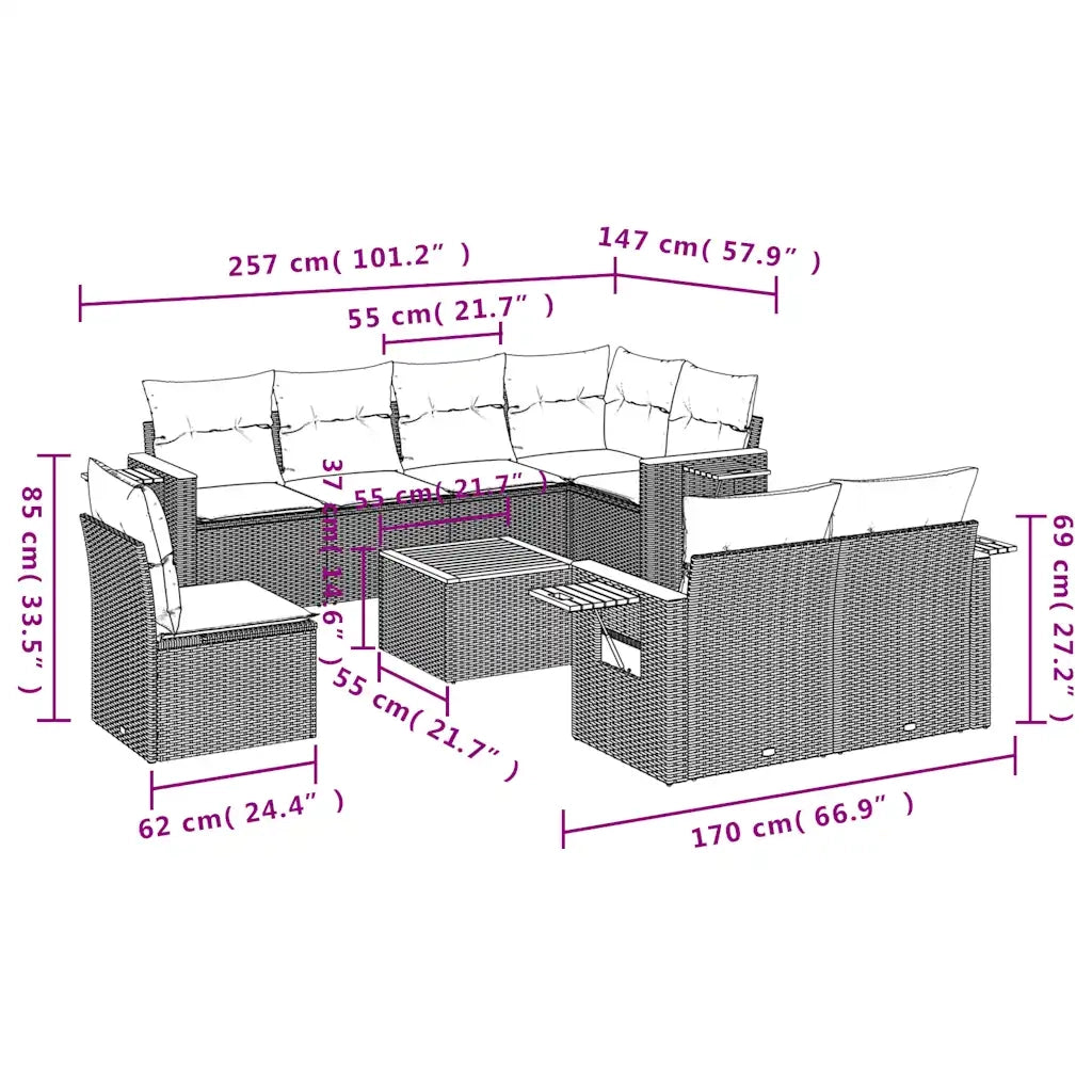 Set Divani da Giardino 9 pz con Cuscini Grigio in Polyrattan