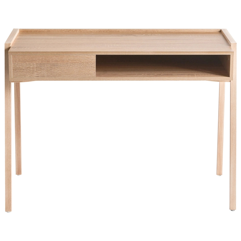 Scrivania da ufficio per casa in truciolato marrone chiaro con gambe in ferro 107 x 48 cm con ripiano e cassetto Minimalista