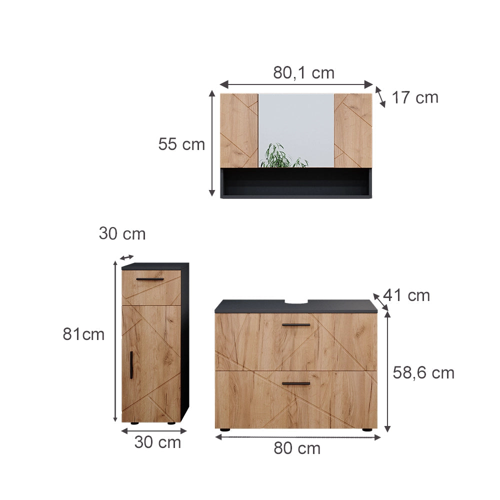 Vicco Set mobili bagno Quercia dorata/antracite 3 parti, con cassettiera e mobile midi