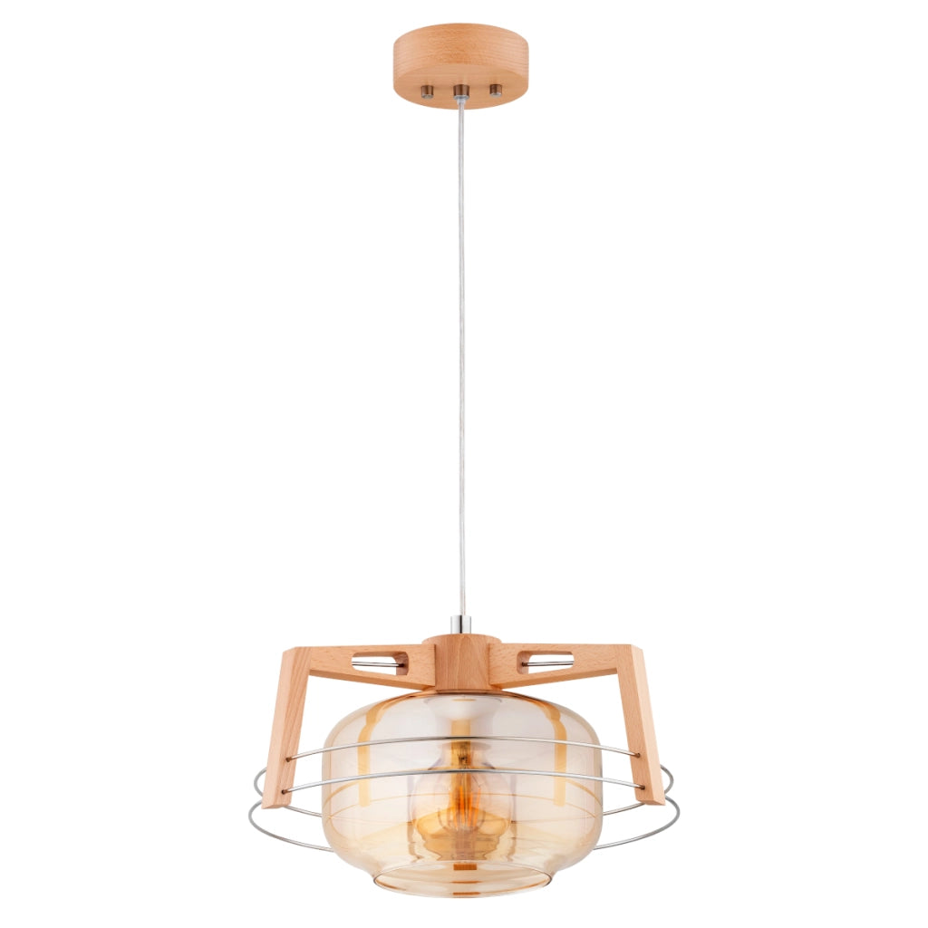 Lampada a sospensione Iskar Alfa legno vetro ambra Ø36 E27