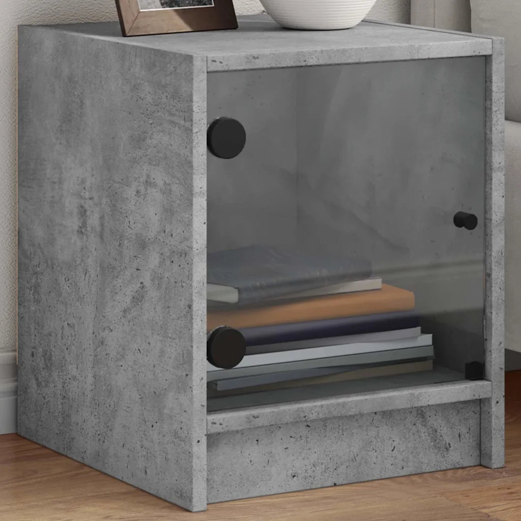 Set di 2 Comodini | Armadio da Notte | Mobiletto da notte con Ante in Vetro Grigio Cemento 35x37x42 cm