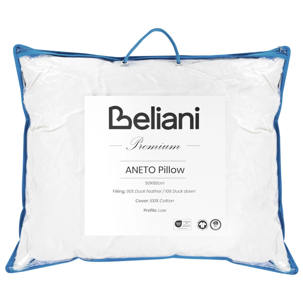 Cuscino basso da letto Rivestimento in cotone premium Imbottitura in piuma e piumino Bianco 50 x 60 cm premium
