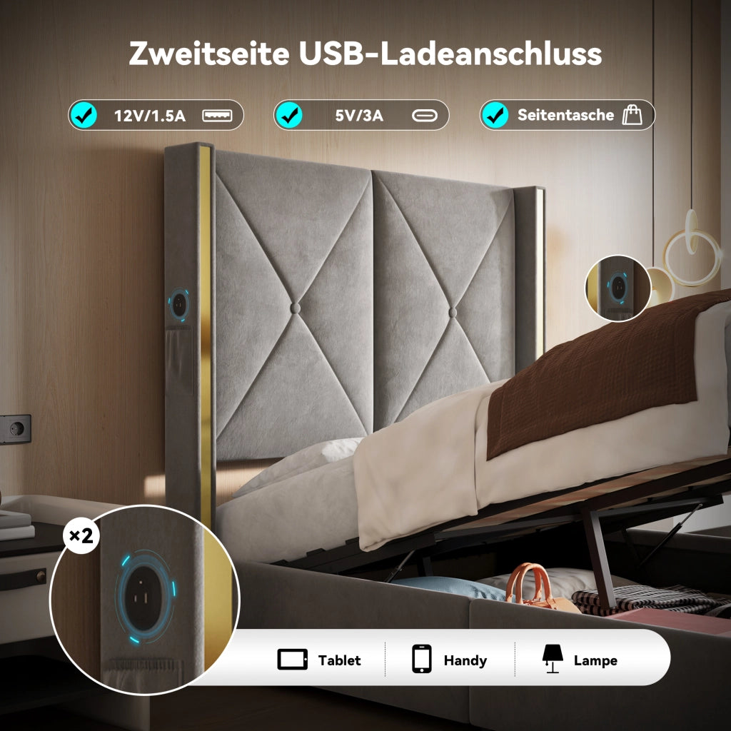 LETTO Contenitore 90x200 cm in velluto grigio scuro con USB, LED e tasche laterali
