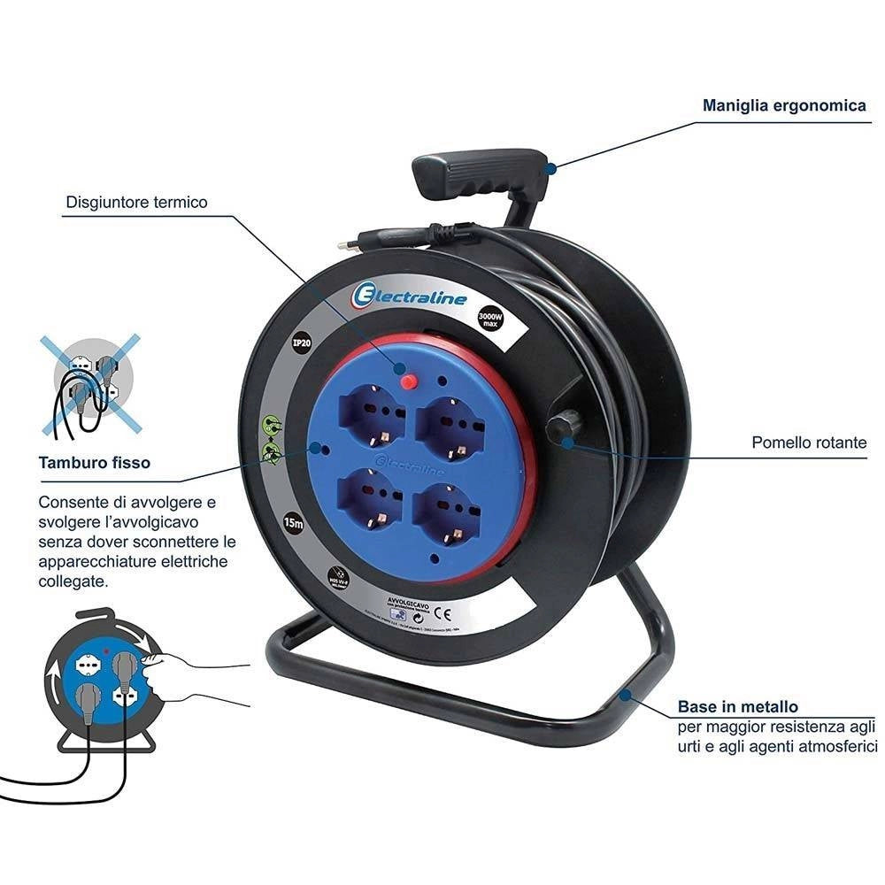 Trade Shop - Prolunga Elettrica Cavo 15 Mt Avvolgicavo 4 Prese Schuko Polivalenti Spina 16a -