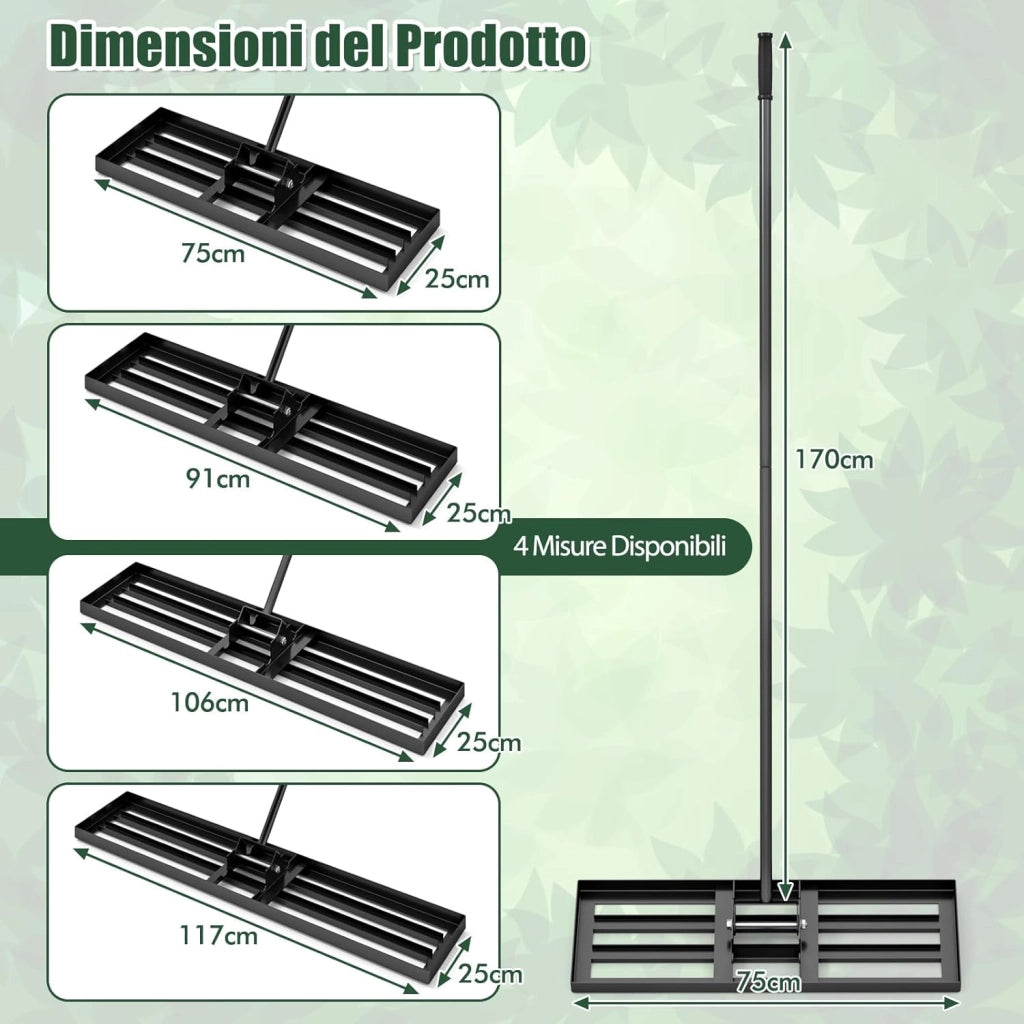 Rastrello Livellatore per Prato, Attrezzo per la Livellatura del Prato con Manico Ergonomico, Livellatrice per Giardino, Cortile, Campo da Golf, Fattoria e Pascolo (Nero 75 x 25 cm)