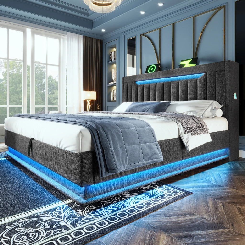LETTO imbottito 180x200 cm in lino grigio con LED, USB, Type-C e vano contenitore