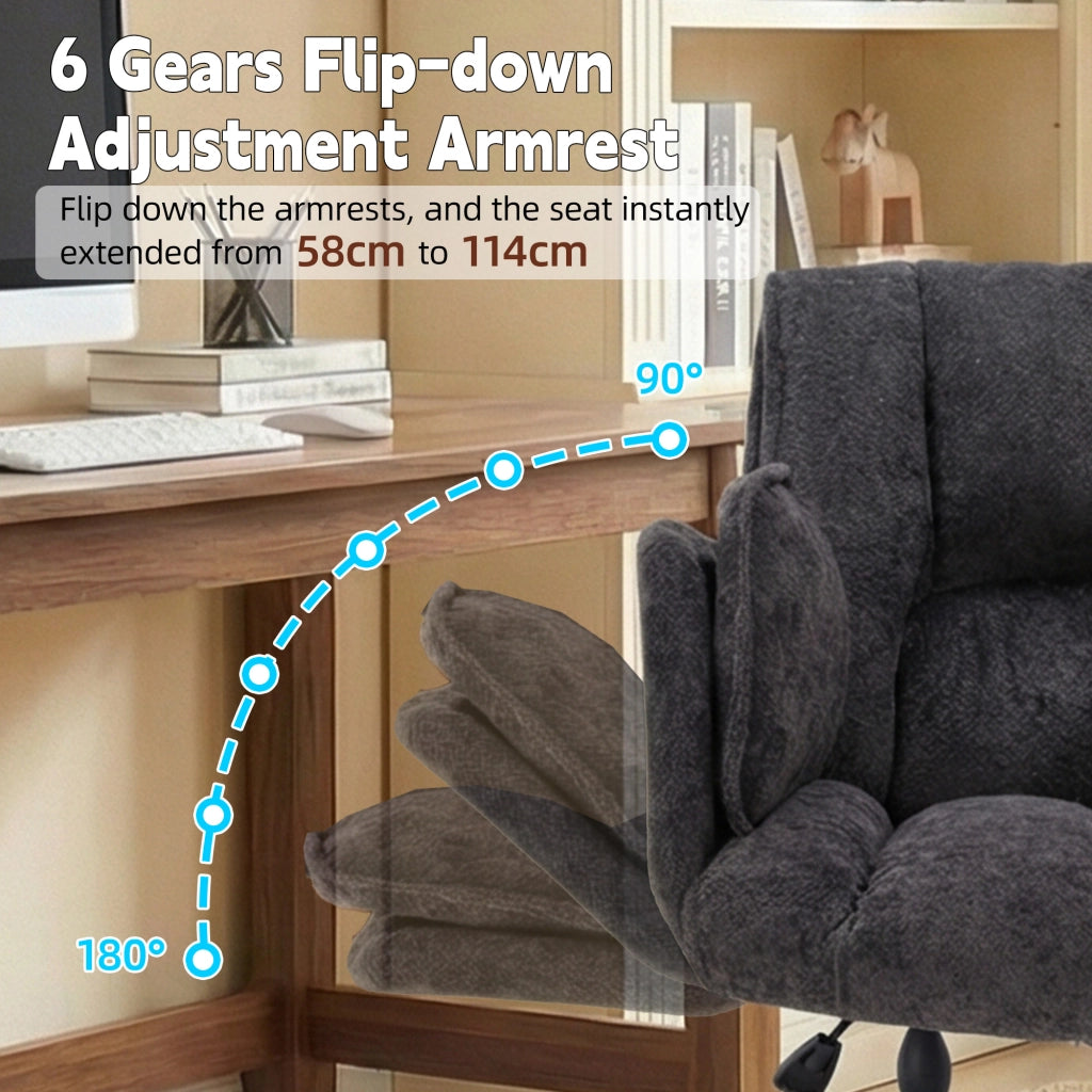Chaise de bureau girevole con braccioli ribaltabili e supporto lombare gonfiabile in tessuto nero con ruote silenziose