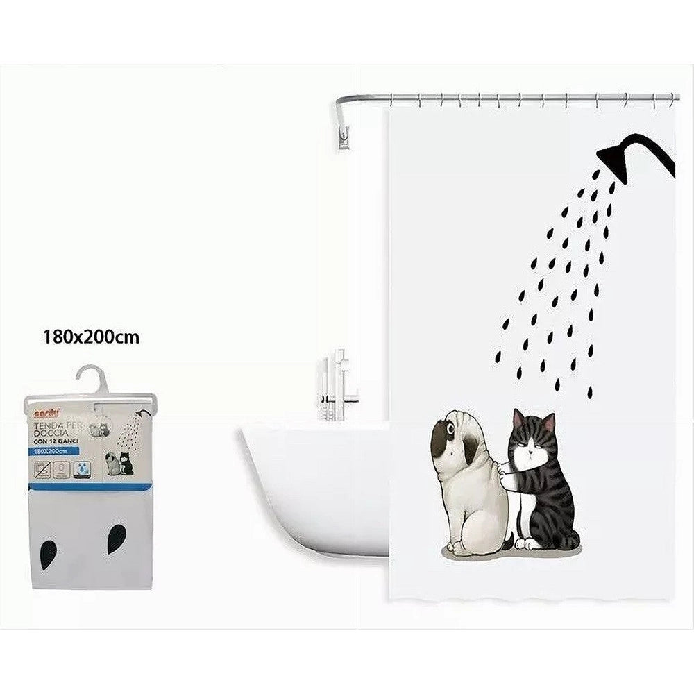 Trade Shop - Tenda Doccia Impermeabile 180x200 Cm Con 12 Anelli Vasca Bagno Cane Gatto 87093 -