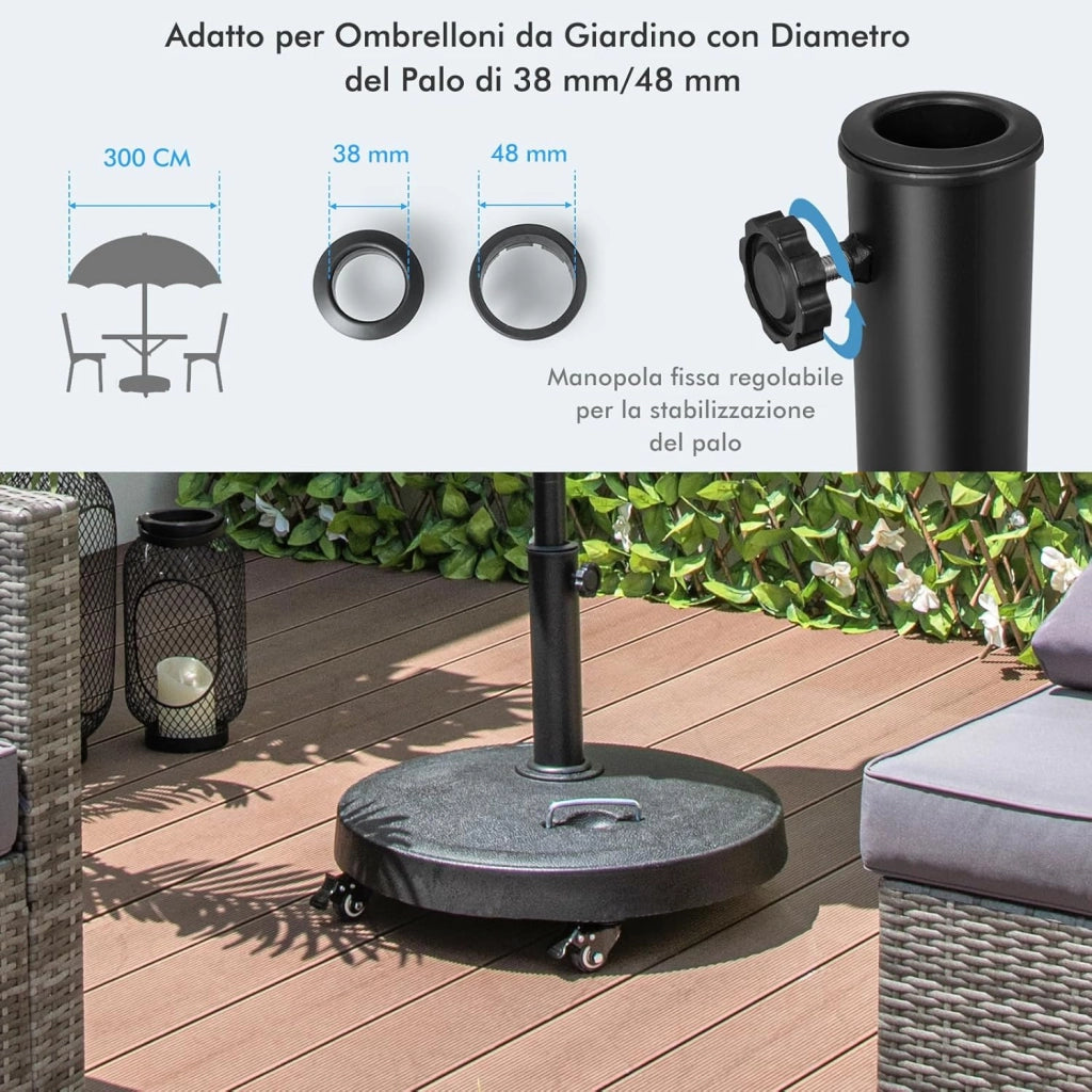 Base Ombrellone con Rotelle da Esterno 23 kg, Supporto Rotondo per Ombrellone 52 CM con Diametro Palo 38/48 MM, Base per Ombrellone Robusta da Giardino Esterno
