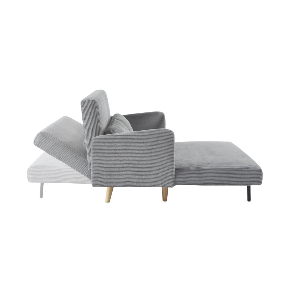 Divano letto in velluto a coste con gambe in legno, 2 posti, grigio