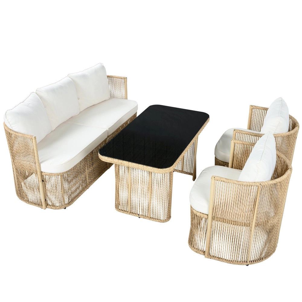 Set giardino 4 pezzi in rattan PE - Zephmum- Divano 3 posti, 2 poltrone, tavolo in vetro temperato