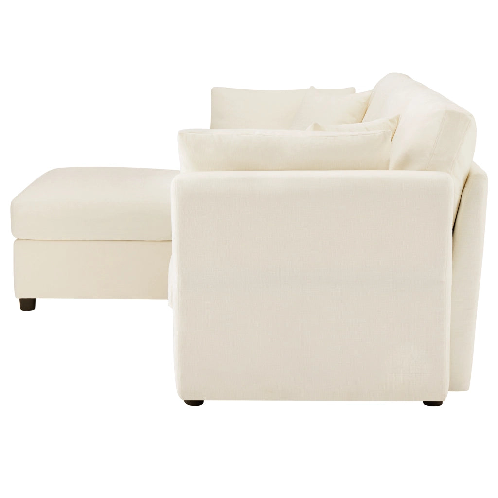 Divano angolare modulare con pouf, 4 cuscini e braccioli regolabili, in ciniglia beige 218 × 156,5 × 86 cm