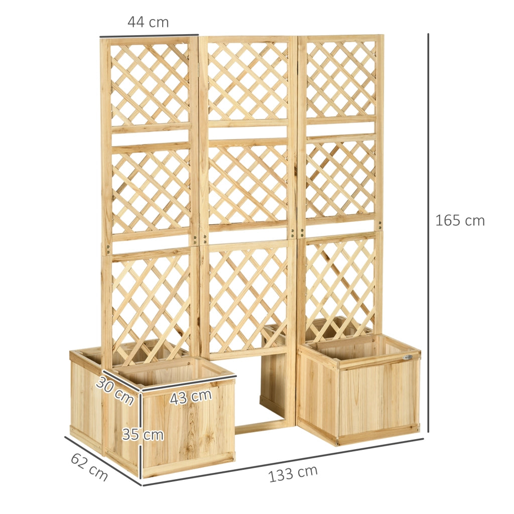 Paravento da esterno con traliccio e 4 fioriere, legno naturale, 133 x 62 x 165 cm