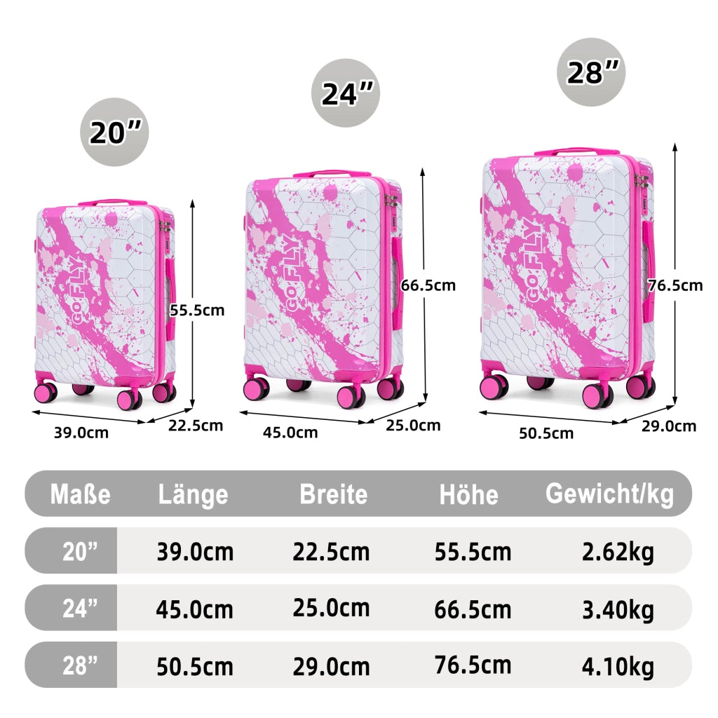 Set di 3 valigie da 20"/24"/28" in materiale PC con stampa fantasia e lucchetto a combinazione (rosa)