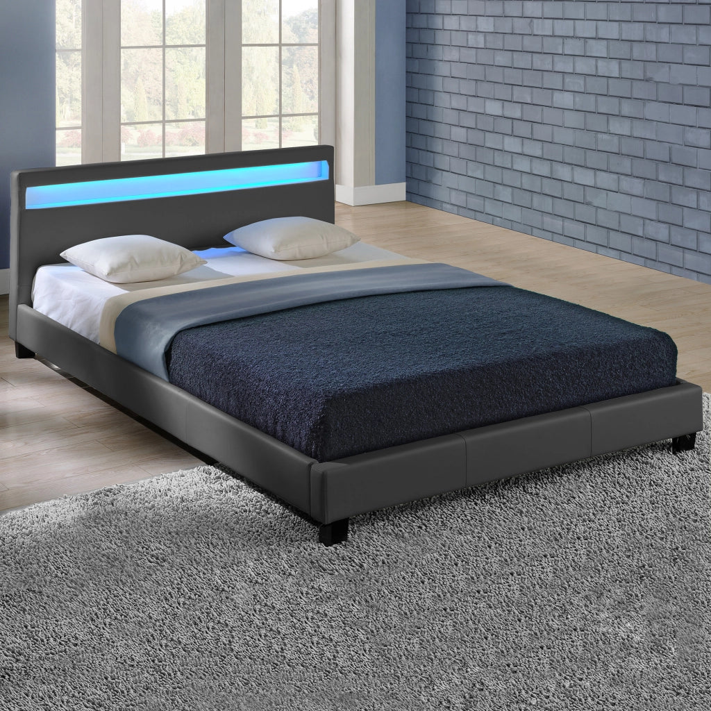 Letto Matrimoniale Imbottito 180x200 cm Testiera Alta con Illuminazione a LED Similpelle - Grigio Scuro Corium