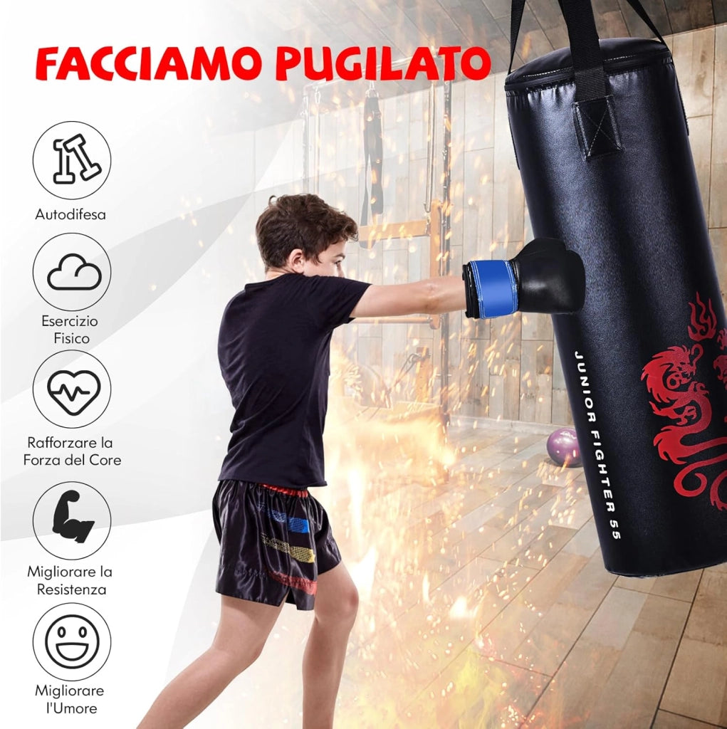 Set Sacco da Boxe per Bambini da 5 Pezzi, Sacco da Pugilato con Guantoni da Boxe, Corda per Saltare, Borsa e Gancio, Sacco da Box per Arti Marziali Miste Kick Boxing Boxe Thai