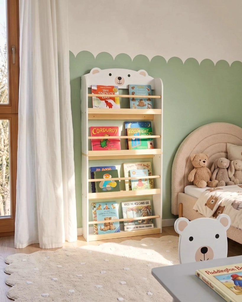 Libreria per Bambini a 4 Livelli in Stile Scandinavo a Tema Animale - Bianco, MDF e Legno di Pino