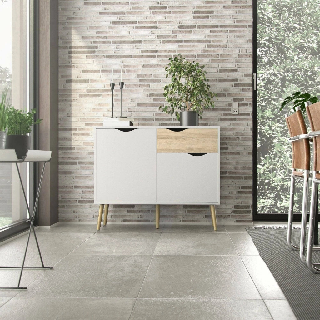 Credenza a due ante e un Audit, colore bianco e rovere, Misure 98 x 81 x 39 cm