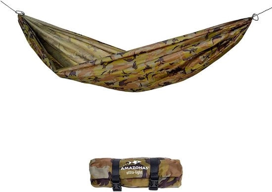 Set di Hammock Camouflaggio Ultra-Light - Hammock Leggera Grande incl. Corda e Gancio - 450 g 275 x 140 cm - Dimensione della Scatola 21,5 x 7,5 cm - fino a 120 kg