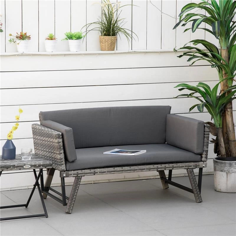 DIVANO DA GIARDINO 2 POSTI IN RATTAN CON IMBOTTITURA E BRACCIOLI RIBALTABILI, 129X63X67CM, GRIGIO