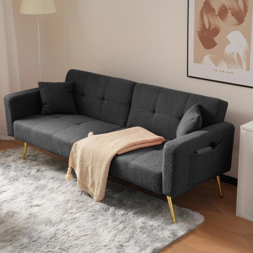 Divano Letto 2 Posti Convertibile Schienale Regolabile 105-180° con Cuscini e Tasche Laterali Struttura Legno in Sherpa Grigio Antico