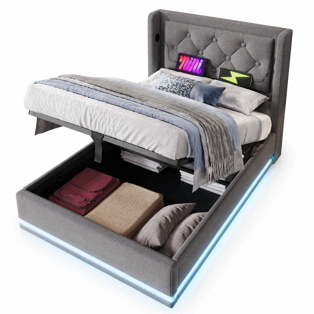Letto singolo imbottito 90x200 cm in cotone grigio con contenitore; USB e LED