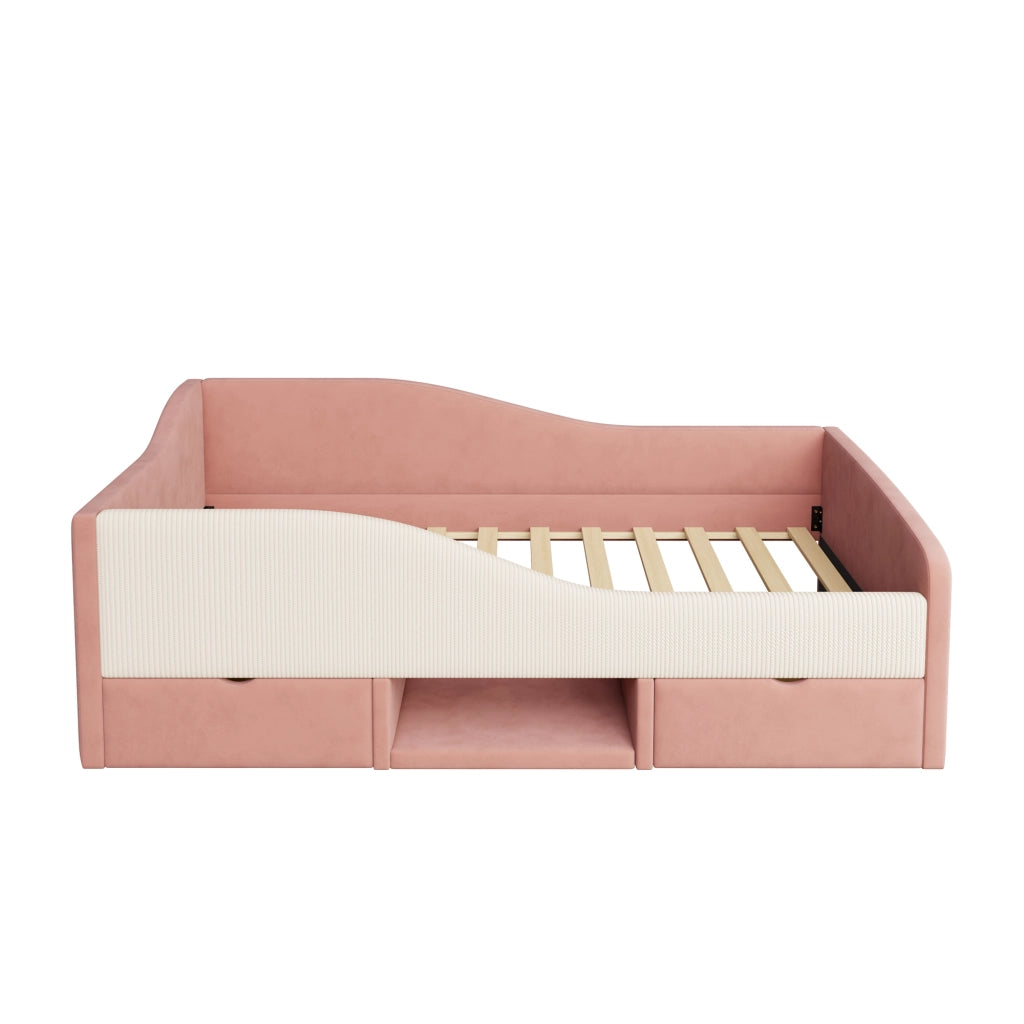 Letto per bambini 90 × 190 cm con 2 cassetti, vano aperto, scomparto scarpe e sbarre di sicurezza, senza materasso, rosa