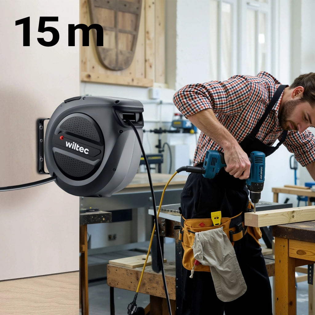 Avvolgicavo elettrico automatico 15 m + 1,5 m, avvolgitore cavo automatico 1500 - 3200 W, prolunga elettrica avvolgibile con staffa a 180°