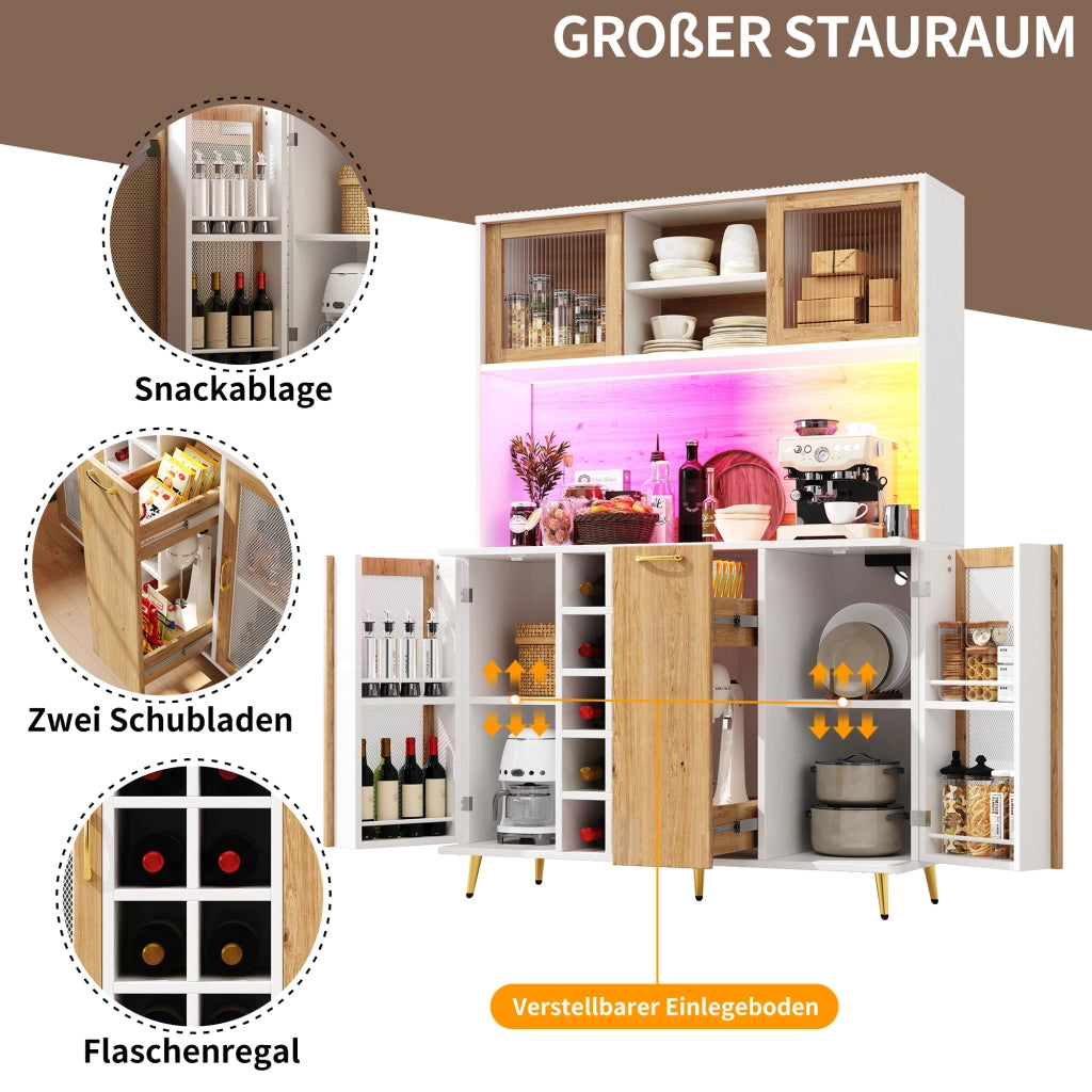 BUFFET 120x40x180 cm in MDF Bianco effetto legno con LED e presa integrata