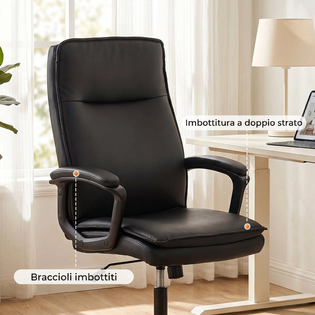 Sedia Ufficio Girevole 66x70x109-119 cm Funzione Dondolo Schienale Alto Capacità 120kg in Pelle PU Nero