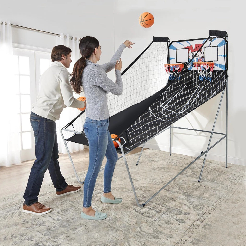 Gioco arcade di pallacanestro a doppio tiro pieghevole, Macchina da pallacanestro con punteggio elettronico Bianco-Giocattoli sportivi