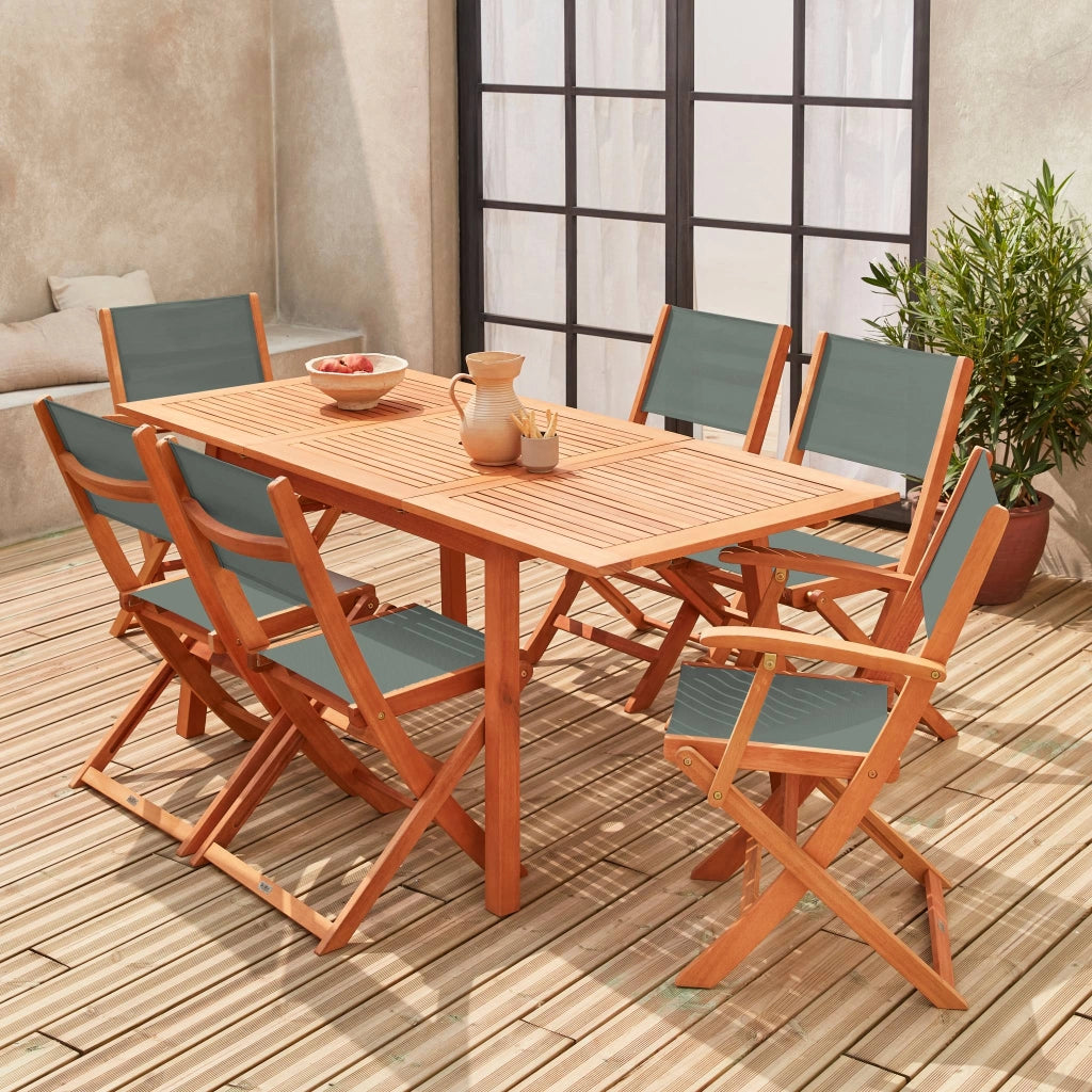 Set tavolo da giardino rettangolare allungabile in legno con 6 sedie,