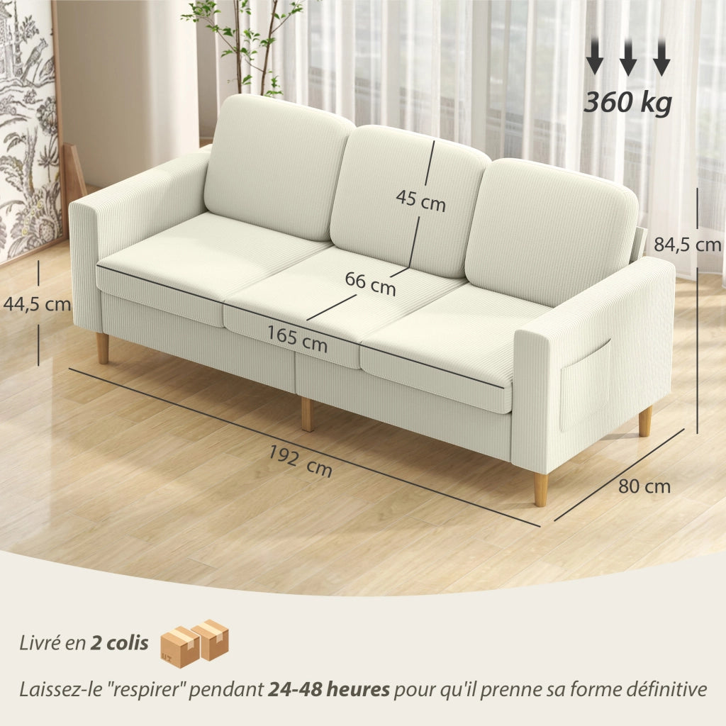 Divano 3 posti in velluto ¨C Xylo ¨C beige 192x80x84,5cm con cuscini imbottiti
