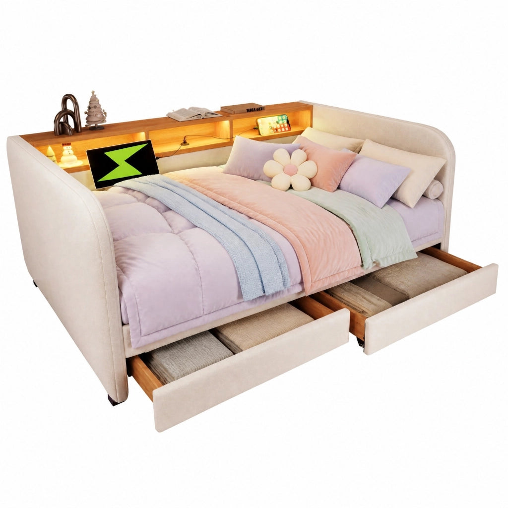 Letto imbottito matrimoniale 140×190 cm con 2 cassetti; LED regolabile; USB e Type-C; senza materasso; beige