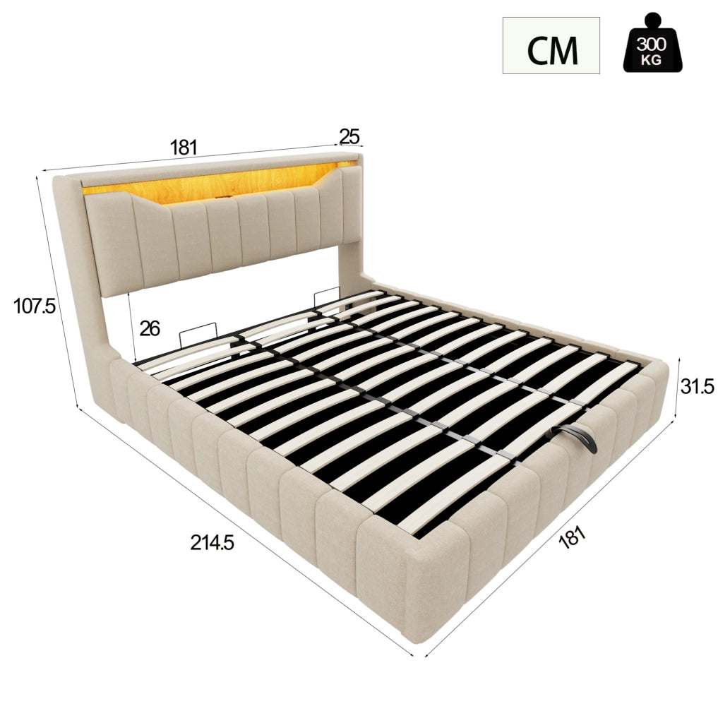 Letto imbottito beige con contenitore idraulico, LED e ricarica USB